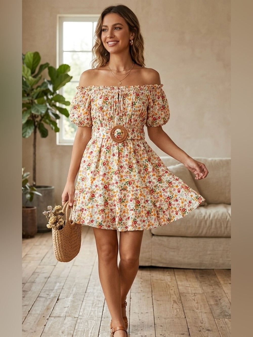 Anthropologie (g.p.d) Off Shoulder S Cottagecore Floral Ivory Orange Red mini